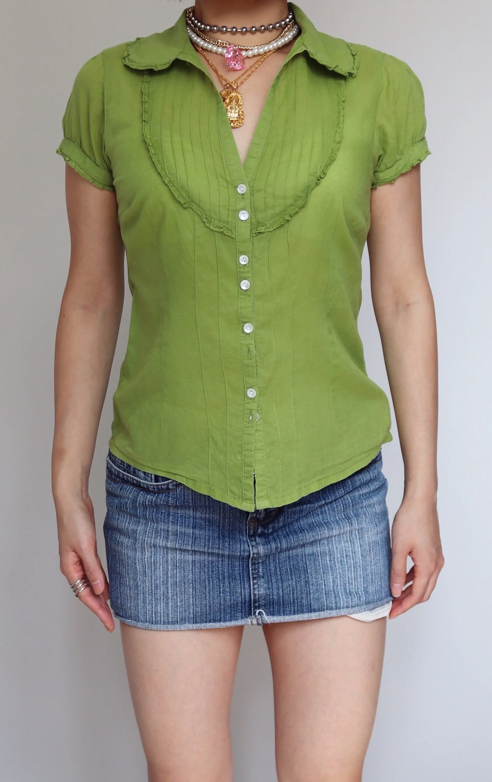 90S Y2K VINTAGE GREEN MINI RUFFLES DETAILS SHORT SLEEVES SHIRT TOP