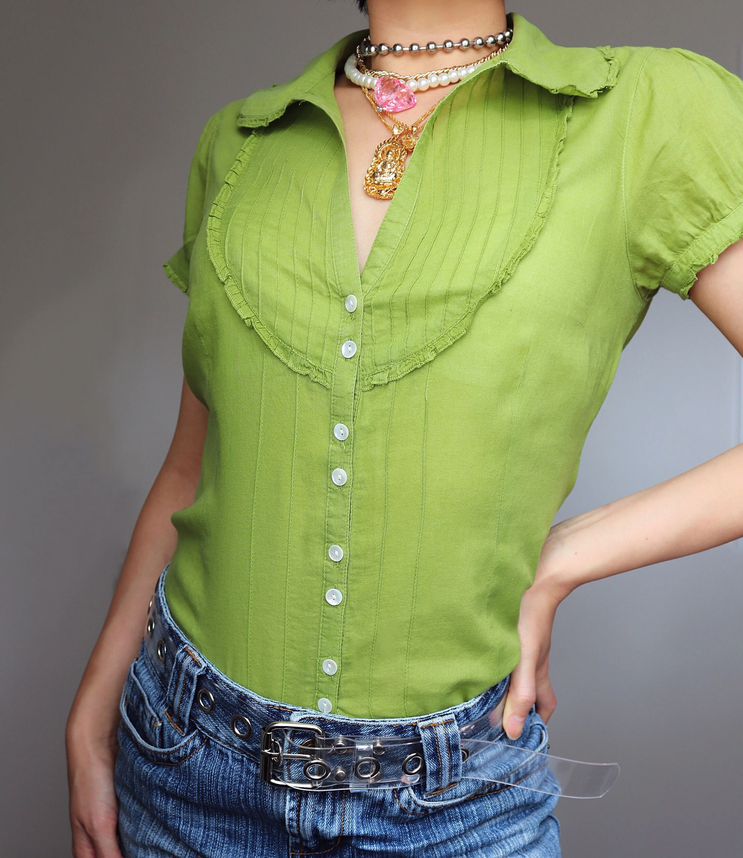 90S Y2K VINTAGE GREEN MINI RUFFLES DETAILS SHORT SLEEVES SHIRT TOP