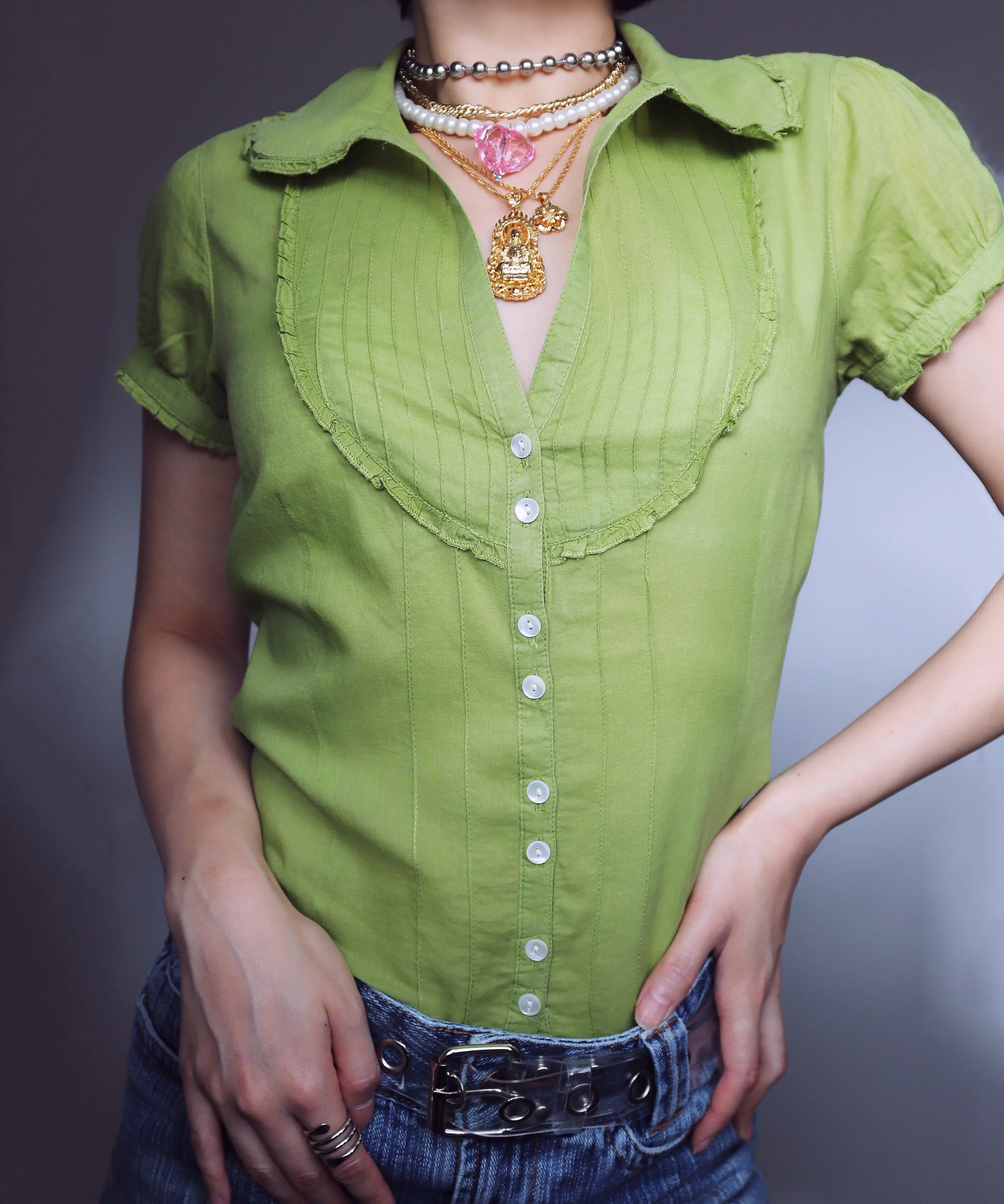 90S Y2K VINTAGE GREEN MINI RUFFLES DETAILS SHORT SLEEVES SHIRT TOP