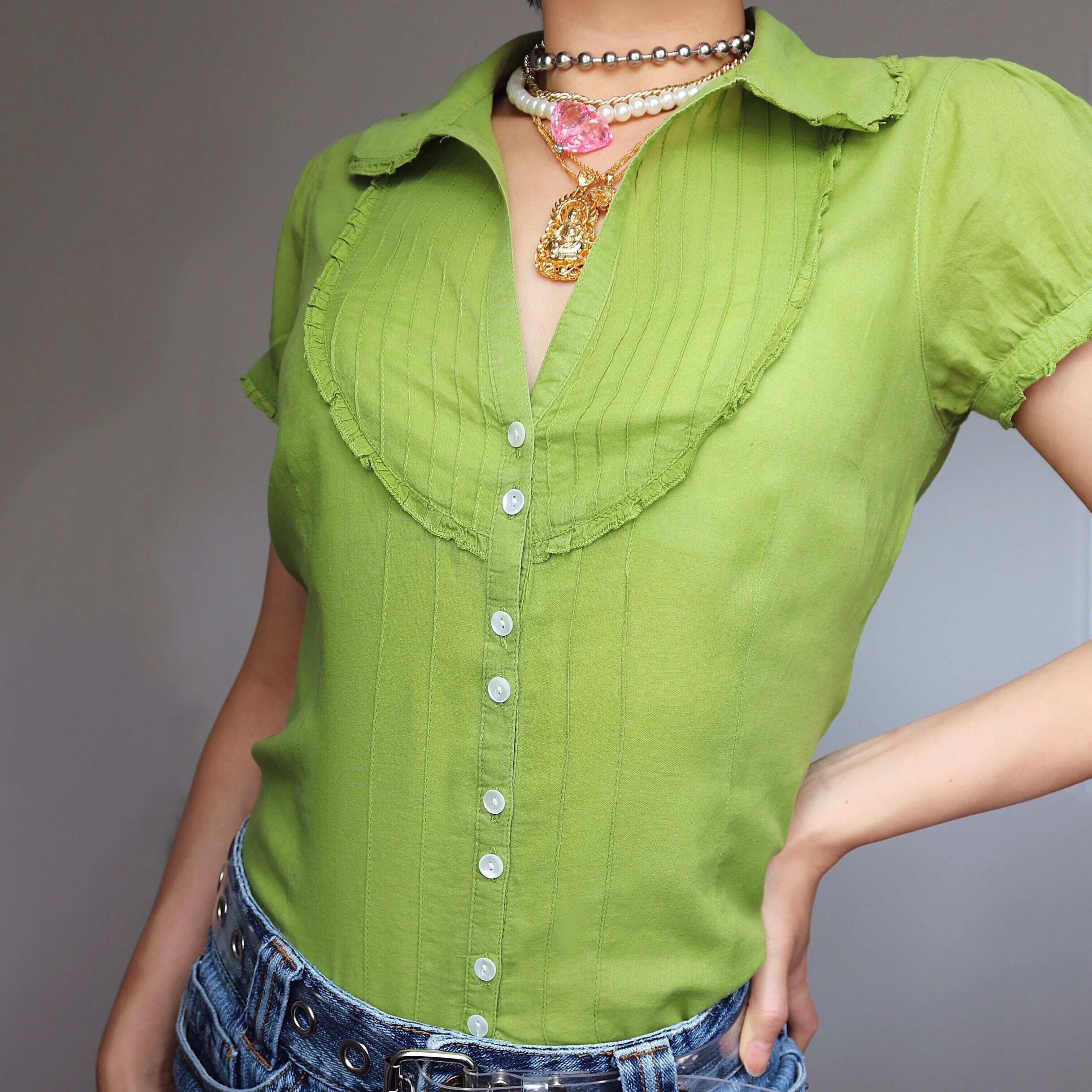 90S Y2K VINTAGE GREEN MINI RUFFLES DETAILS SHORT SLEEVES SHIRT TOP