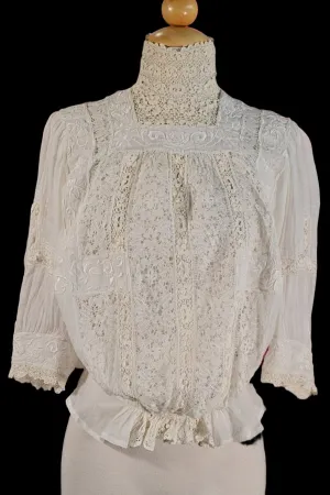 Antique Edwardian/Victorian Crochet/Lace/Embroidered Blouse XXS, Study, Display, Costume