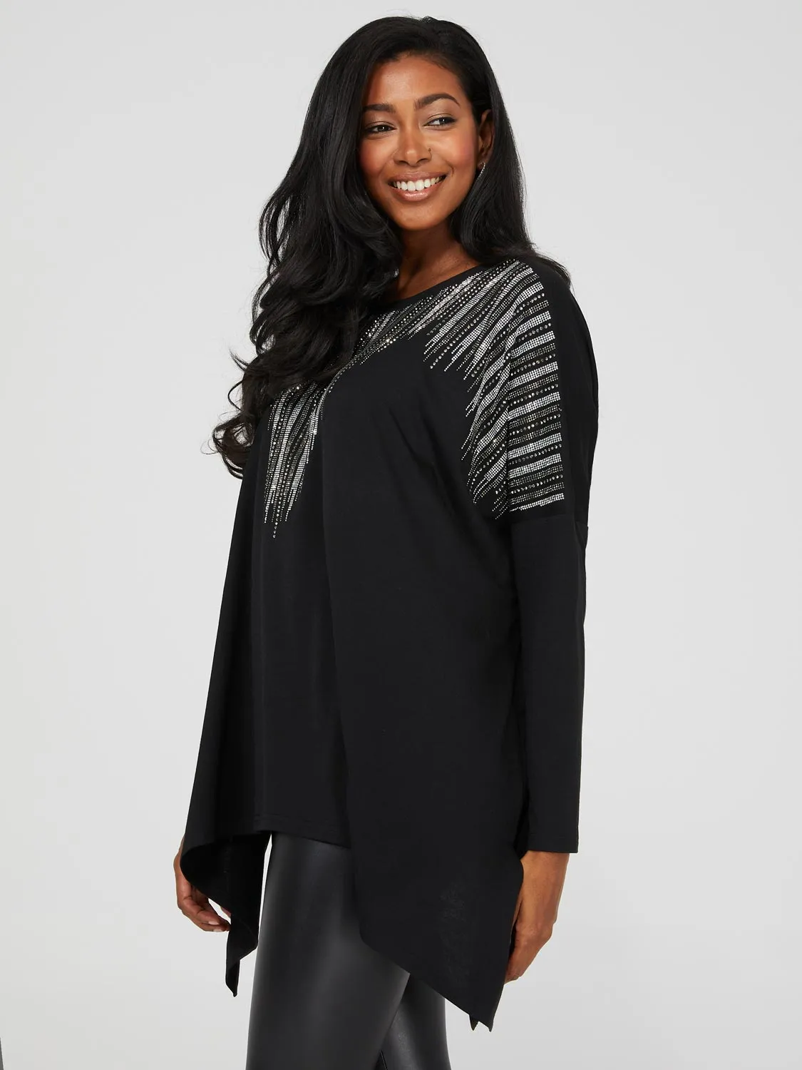 Asymmetrical Tunic Top With Rhinestone Details