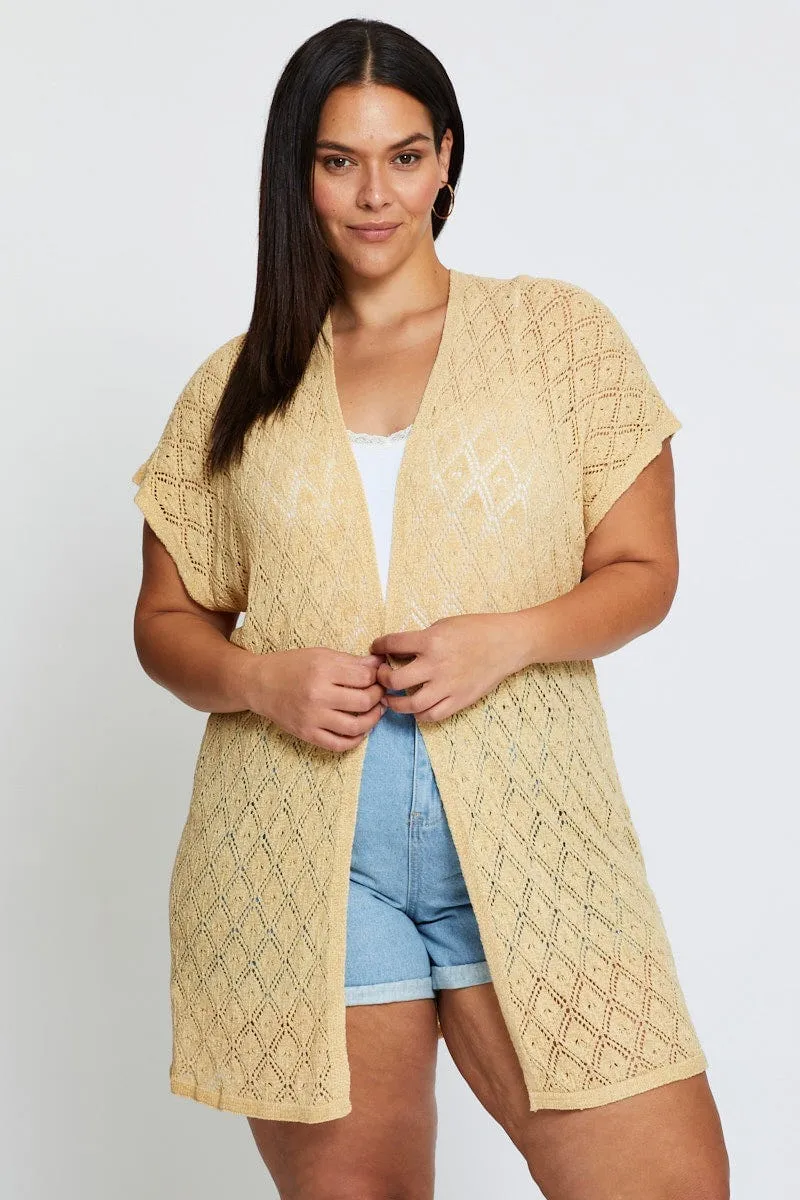 Beige Knit Cardigan Crochet Short Sleeve