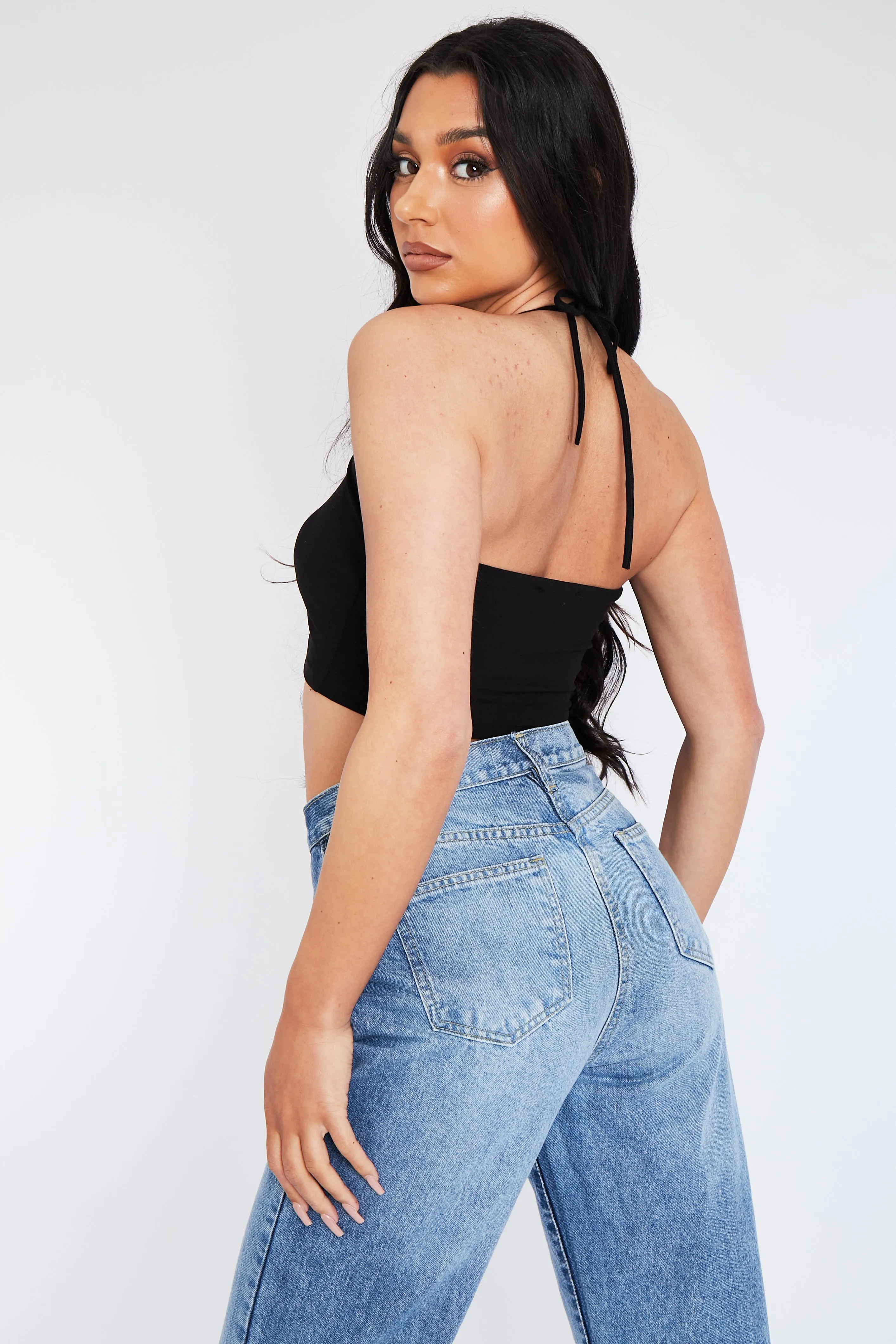 Black Halter Neck Strappy Front Cut Out Crop Top - Beech