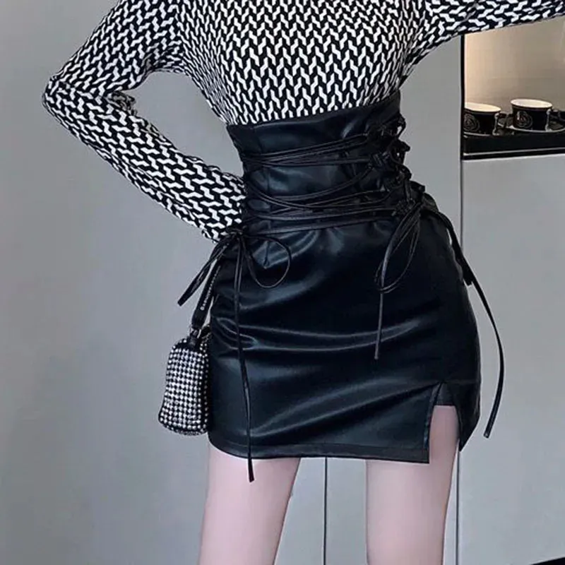 Black Leather Slim Fit Lace Up Gothic Skirt