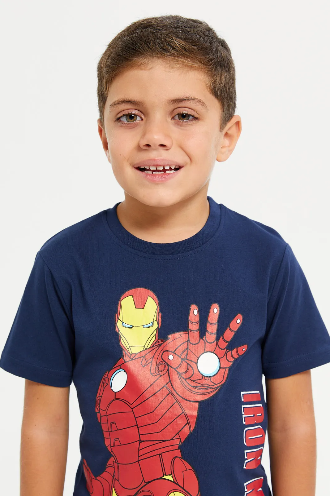 Boys Navy And Red Iron Man Printed T-Shirt Set (Pack Of 2)