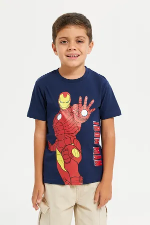 Boys Navy And Red Iron Man Printed T-Shirt Set (Pack Of 2)