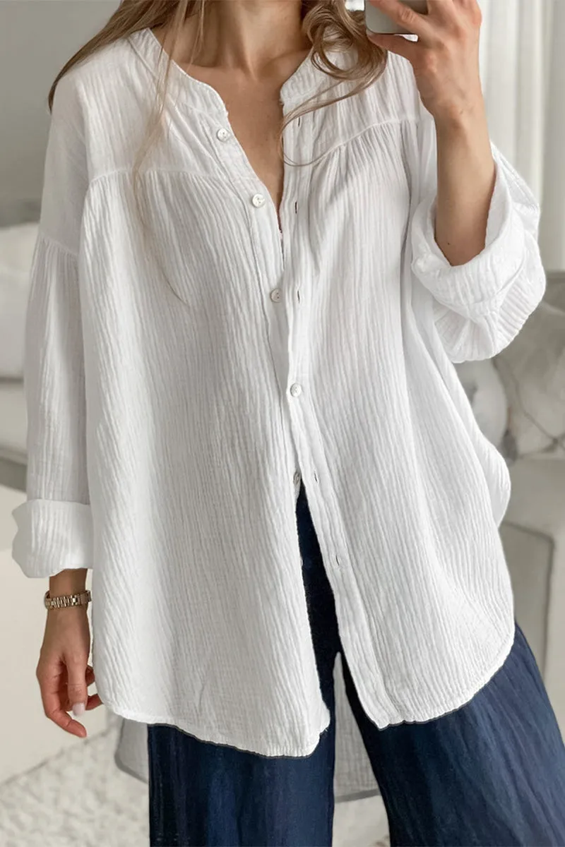 Casual Lace Up Buttons O Neck Blouses