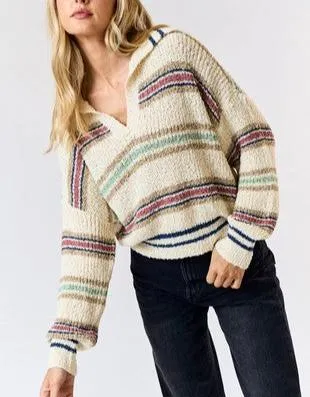 Coffee Run Striped Collared Fuzzy Sweater (Assorted Colors)