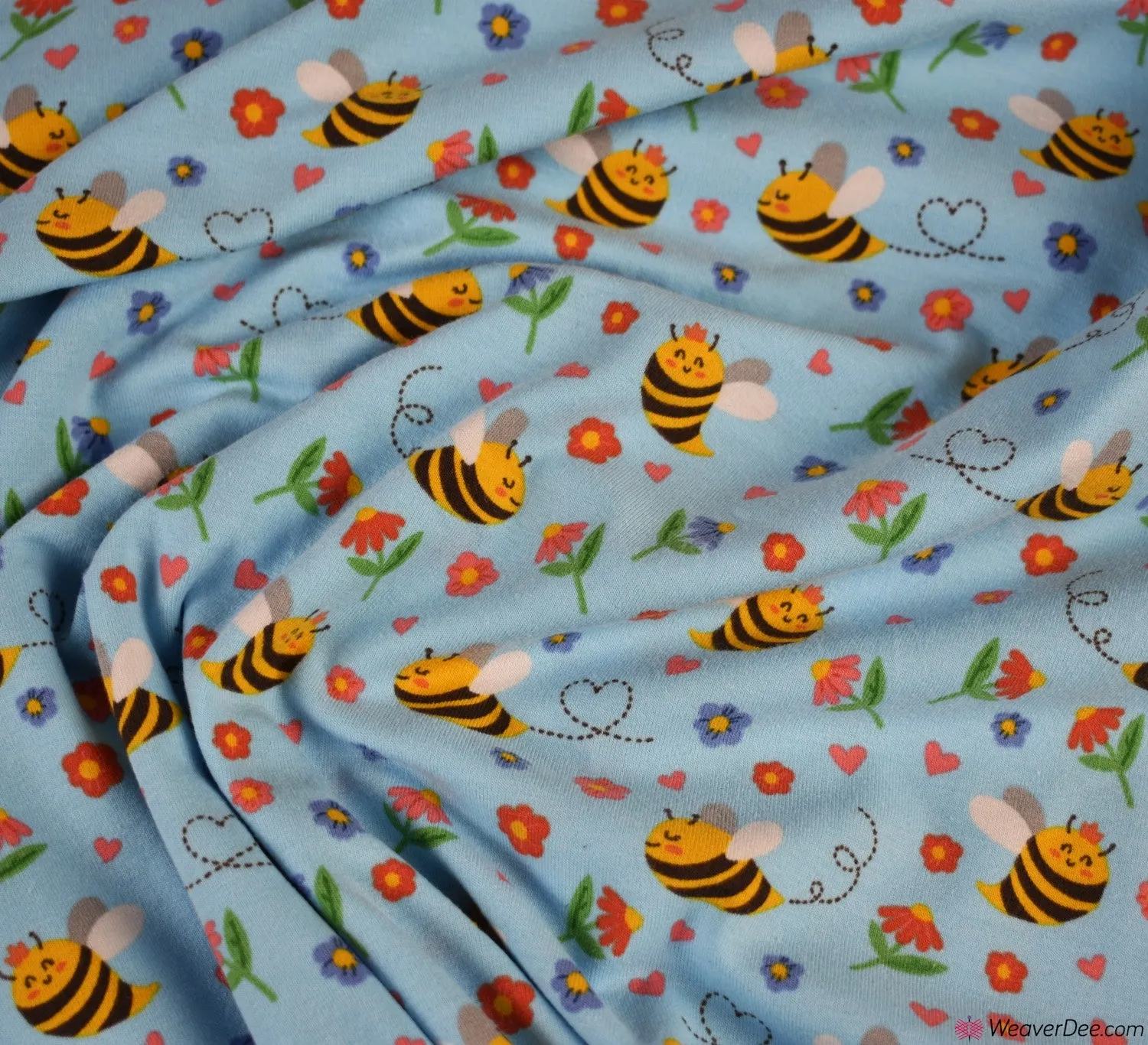 Cotton Jersey Fabric - Buzzy Bees Blue