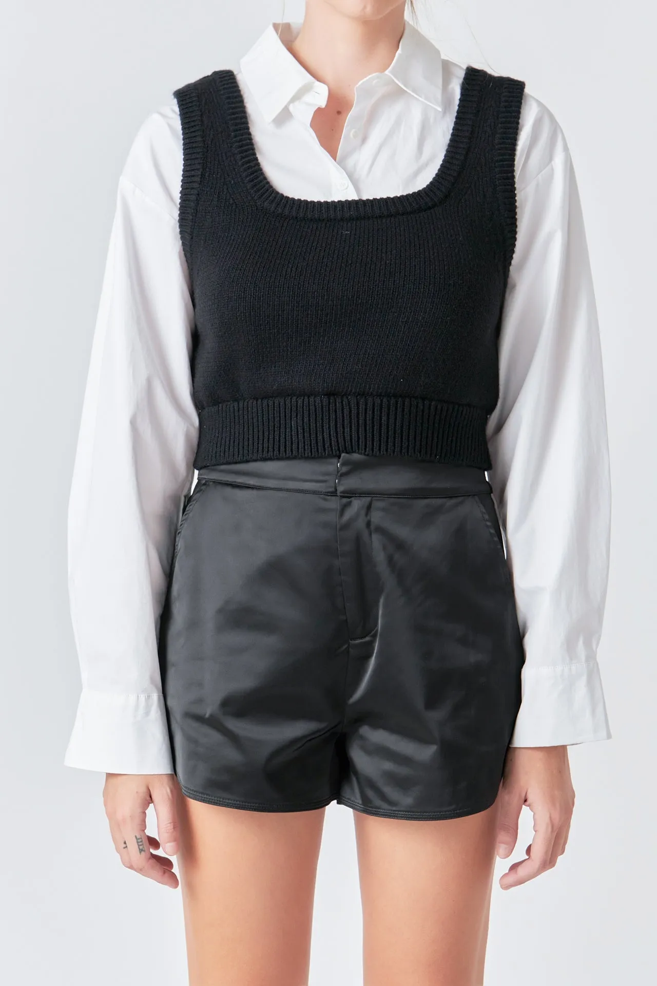 Cropped Knit Top Over Shirt