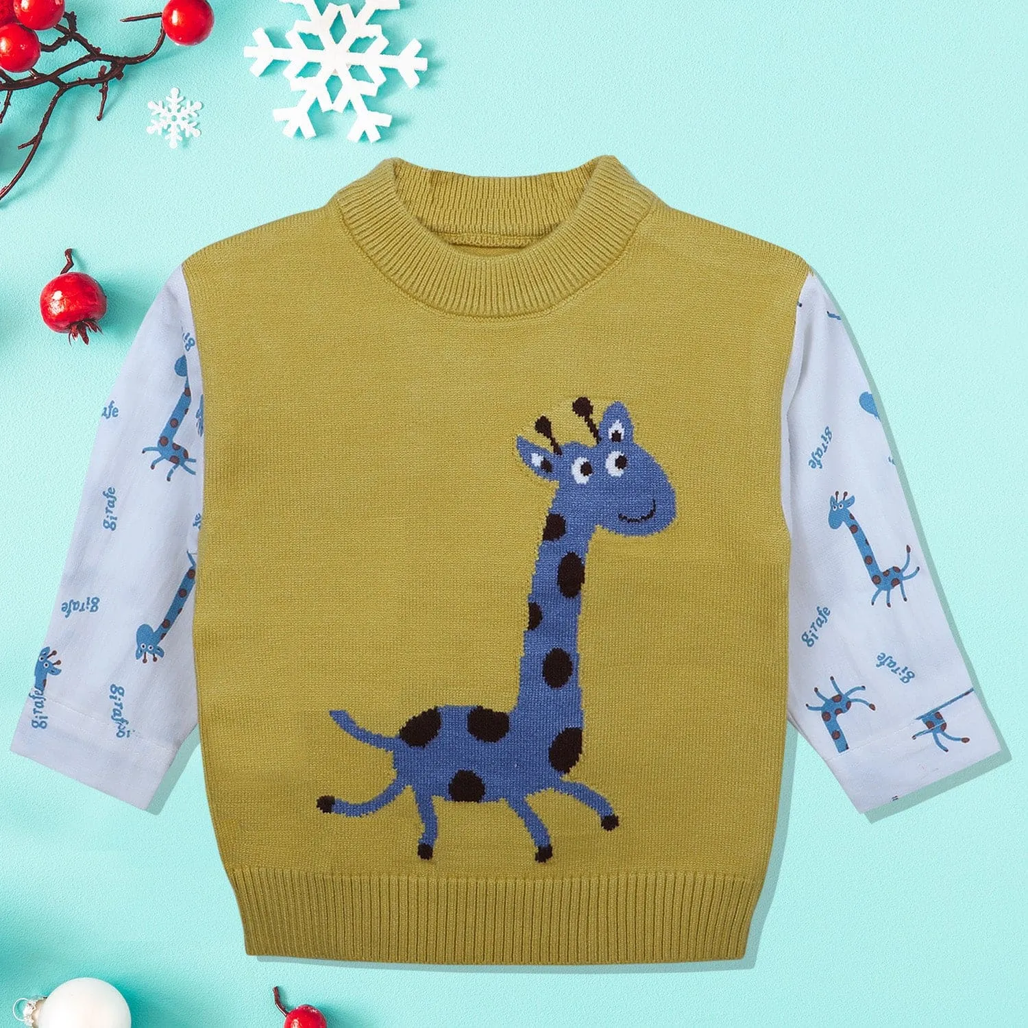 Cute Giraffe Premium Full Sleeves Knitted Sweater - Mustard And White