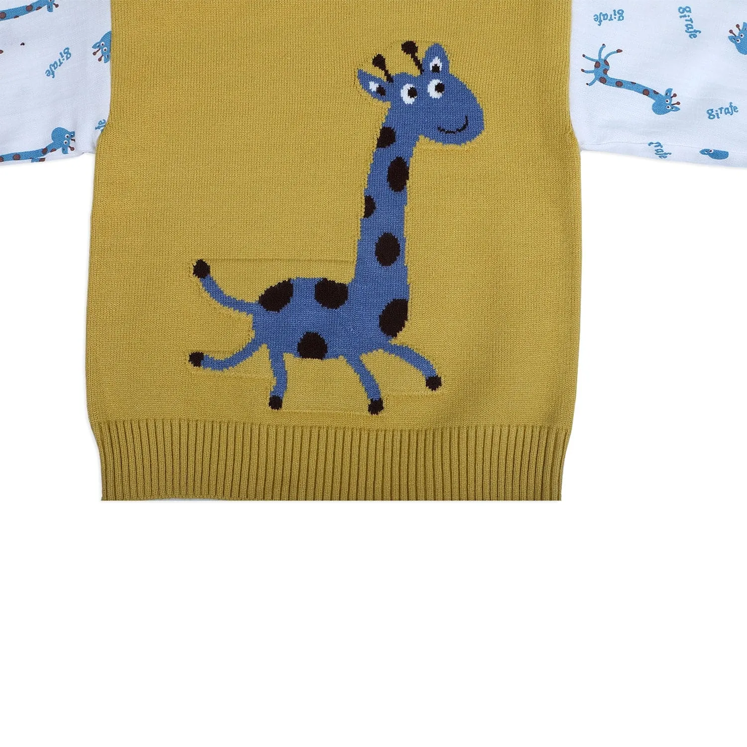 Cute Giraffe Premium Full Sleeves Knitted Sweater - Mustard And White