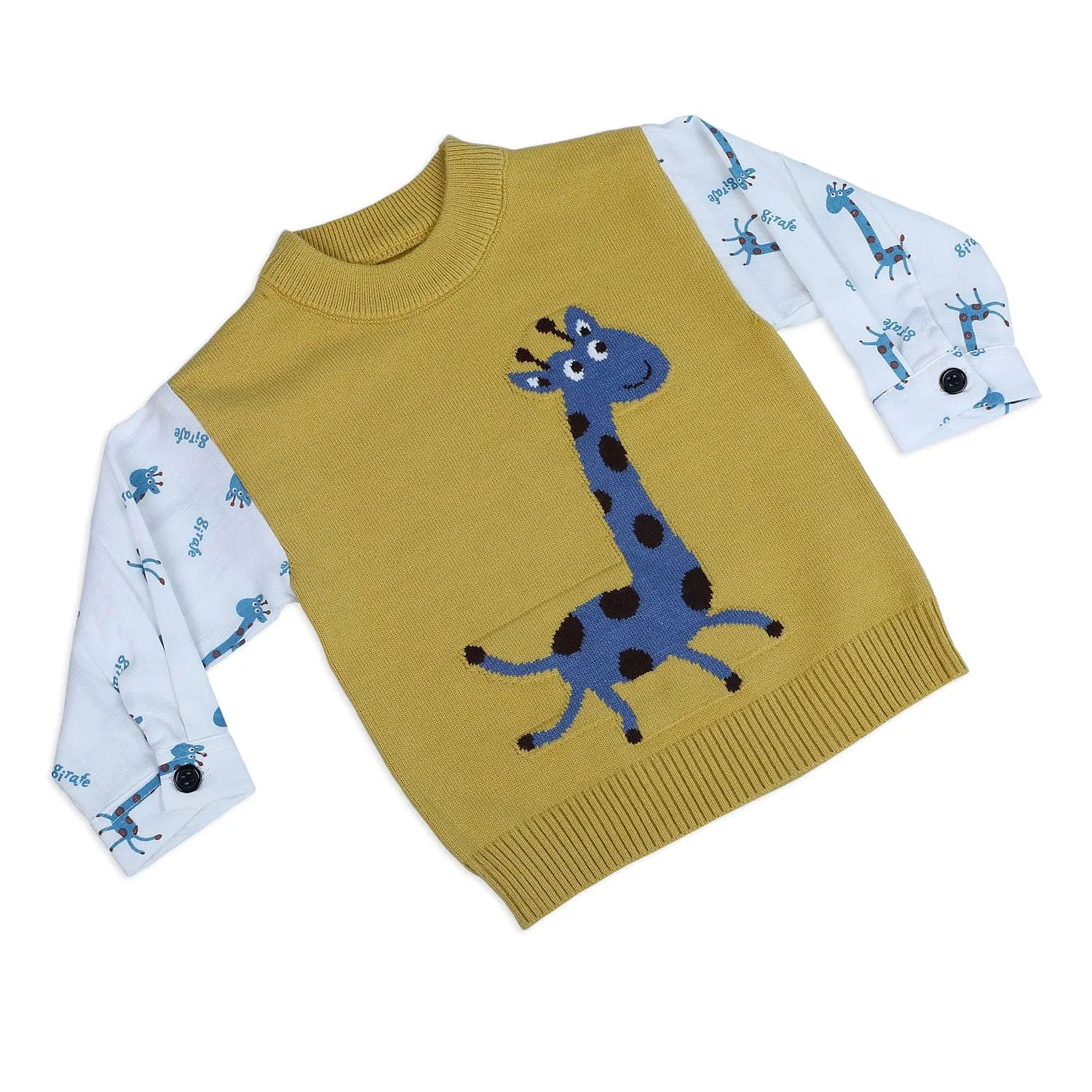 Cute Giraffe Premium Full Sleeves Knitted Sweater - Mustard And White