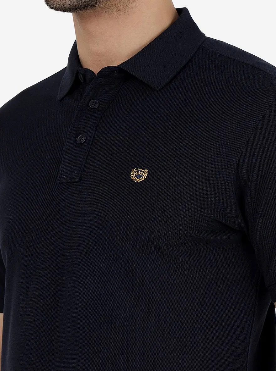 Dark Navy Blue Solid Slim Fit Polo T-Shirt | JadeBlue