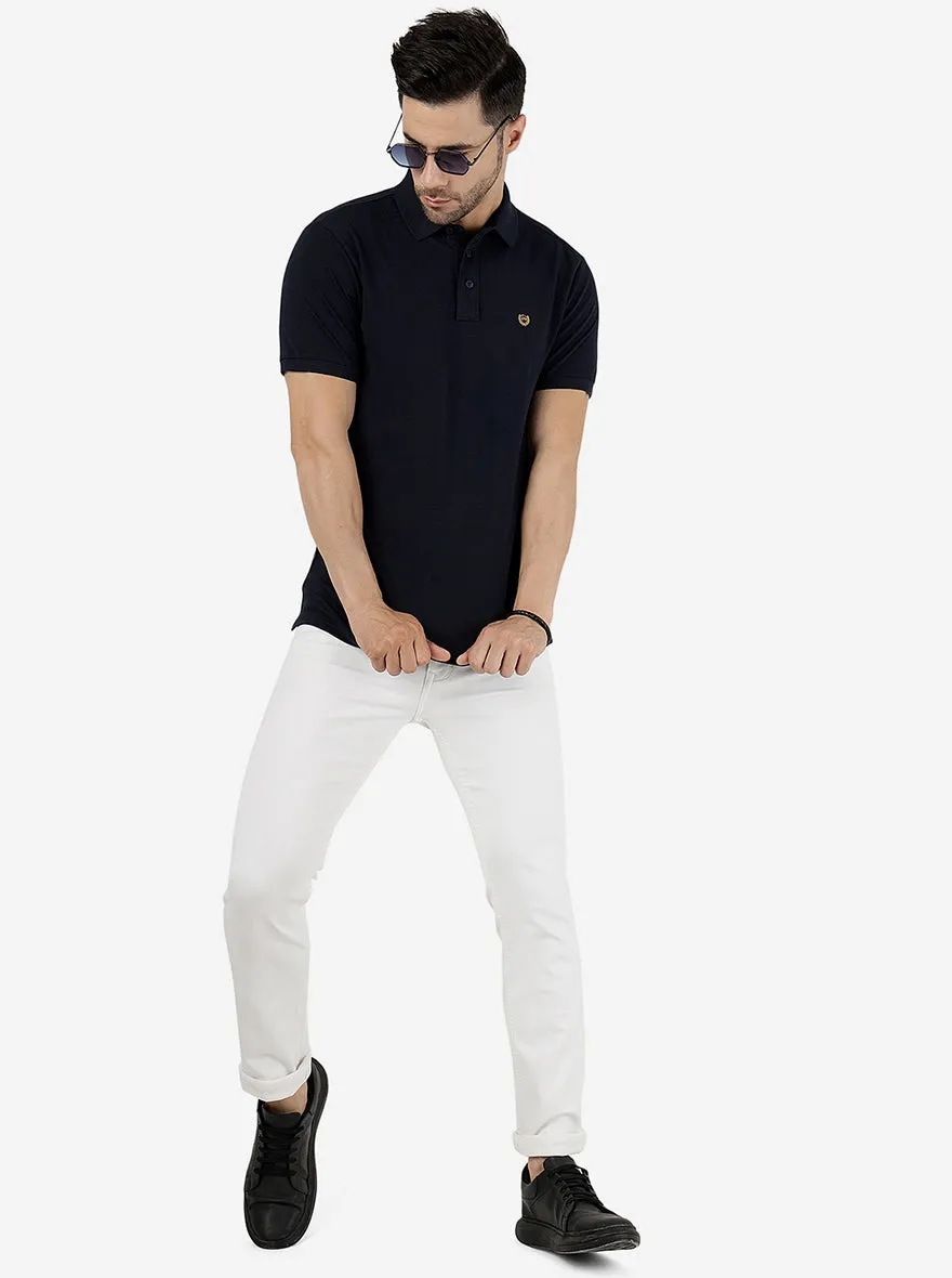 Dark Navy Blue Solid Slim Fit Polo T-Shirt | JadeBlue