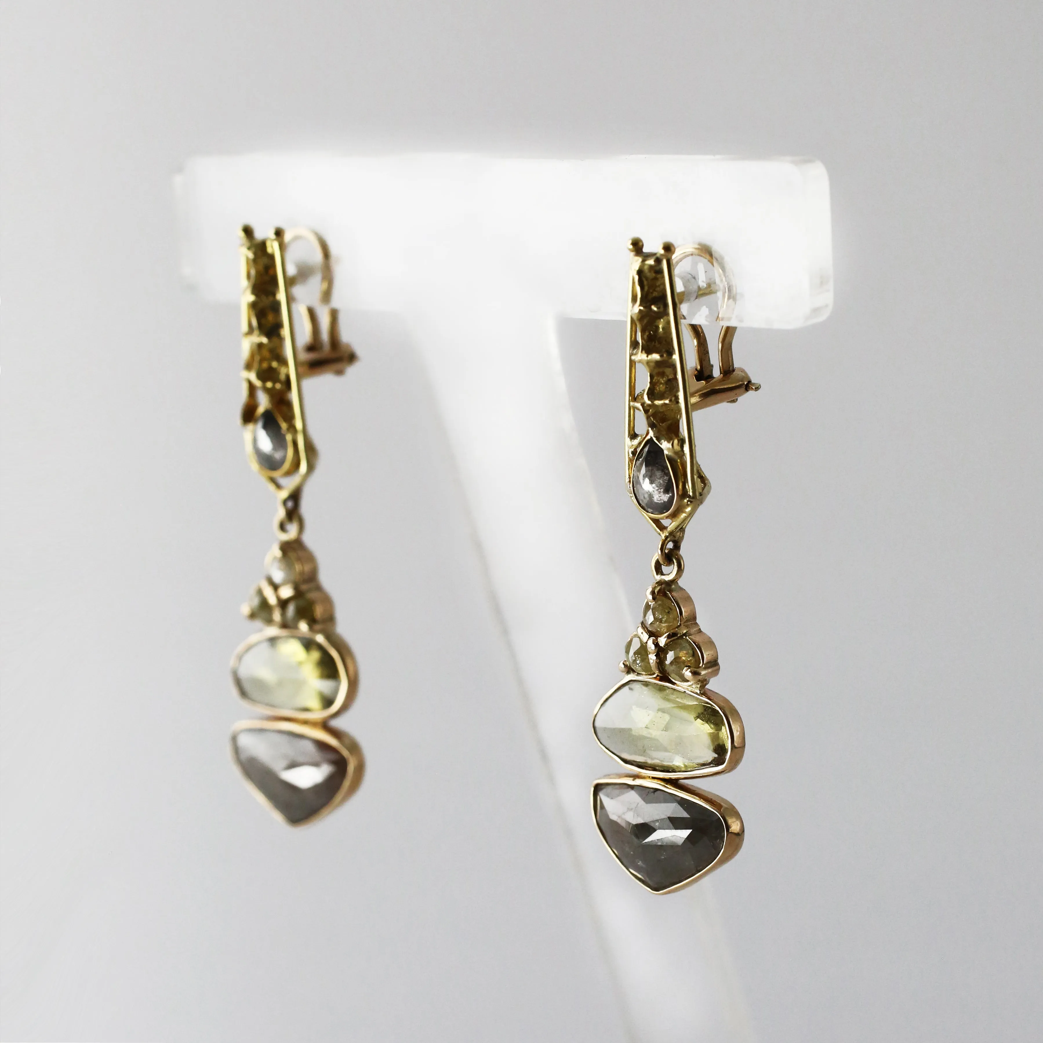 Diamond and Sappphire Cairns Drop Leverback Earrings with Pinecone Details