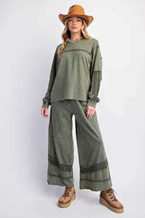 Easel Mineral Washed Top with Crochet Details in Olive