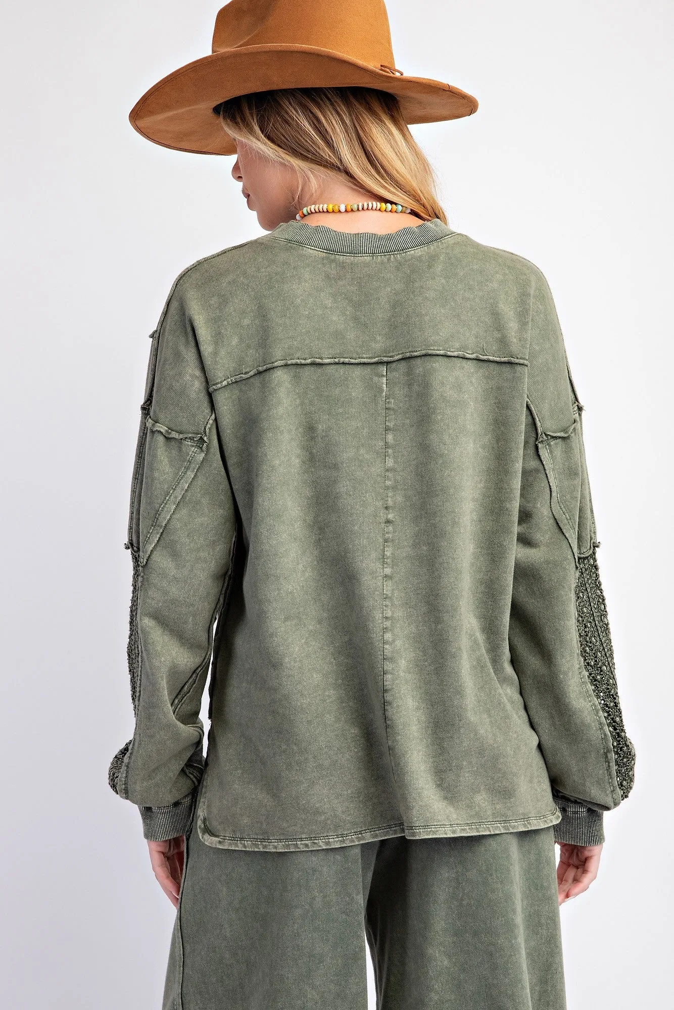 Easel Mineral Washed Top with Crochet Details in Olive