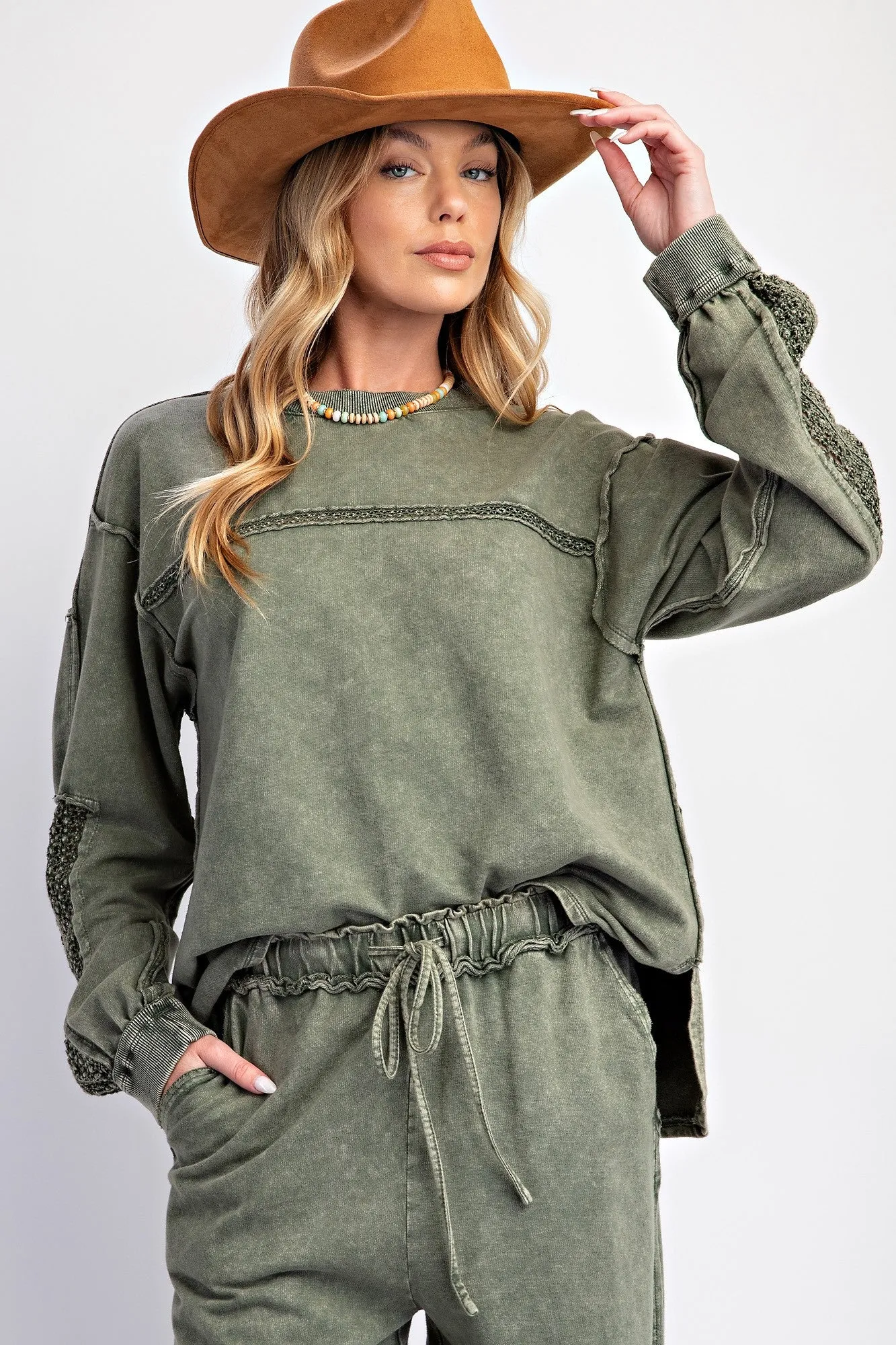 Easel Mineral Washed Top with Crochet Details in Olive