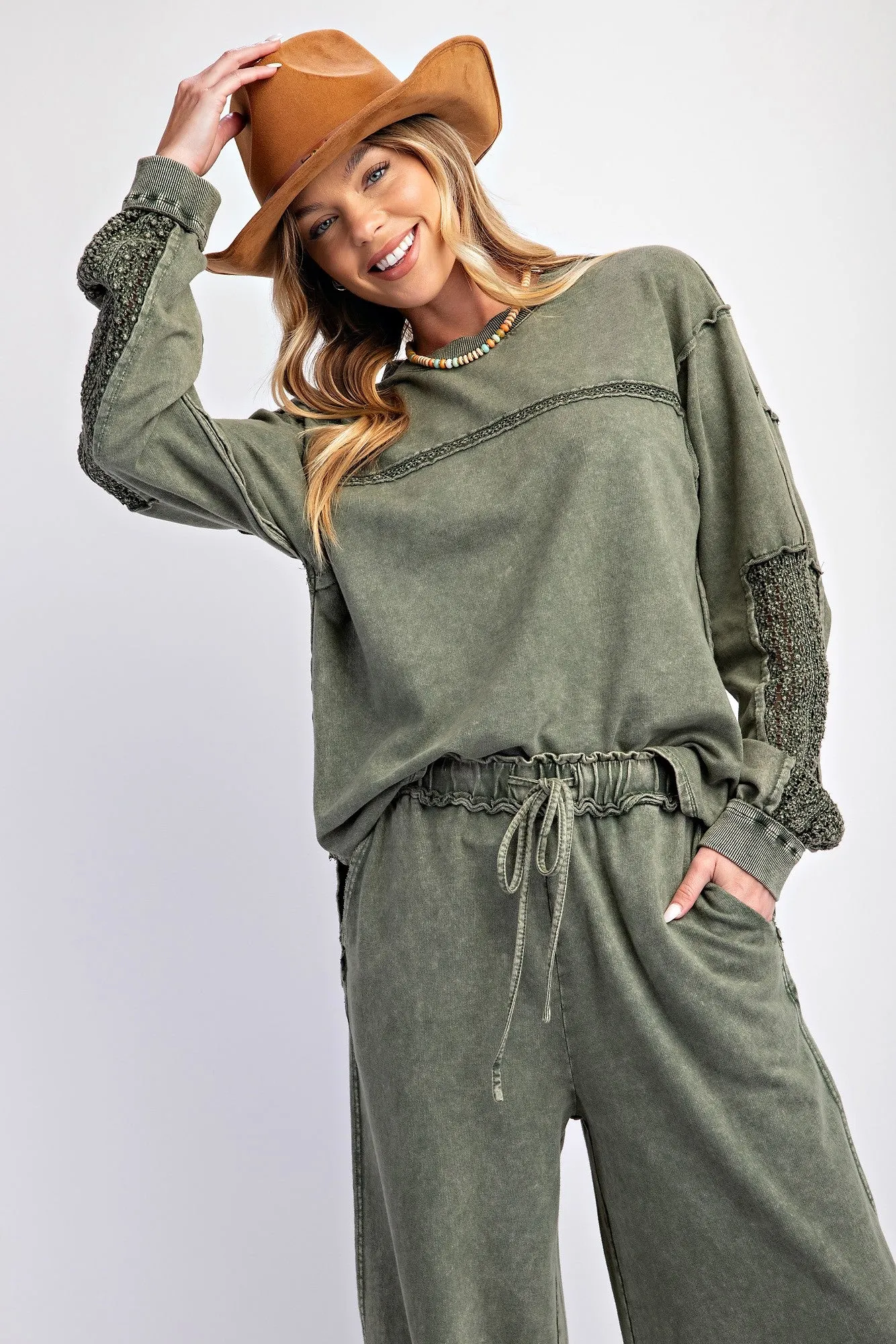 Easel Mineral Washed Top with Crochet Details in Olive