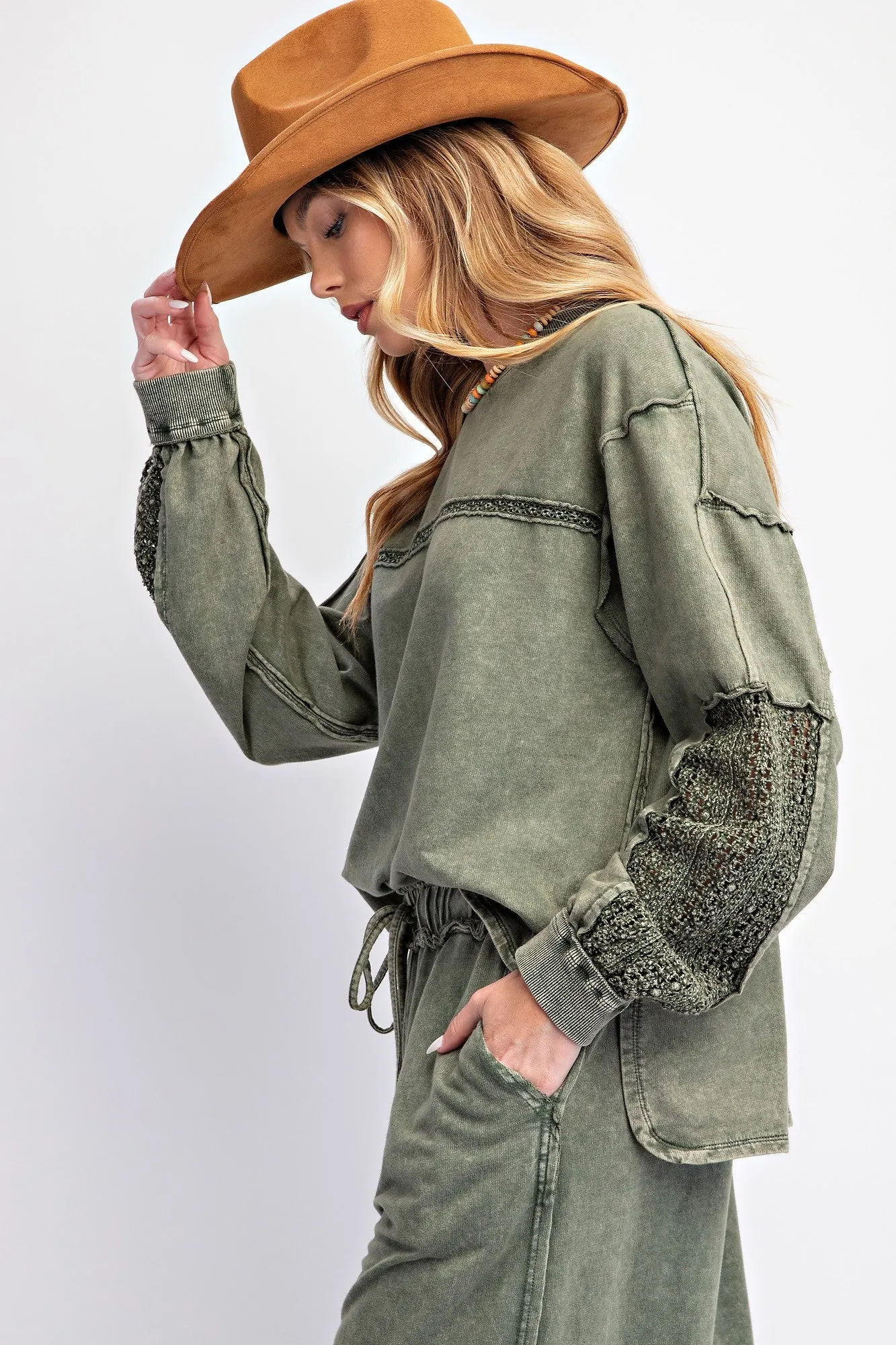 Easel Mineral Washed Top with Crochet Details in Olive