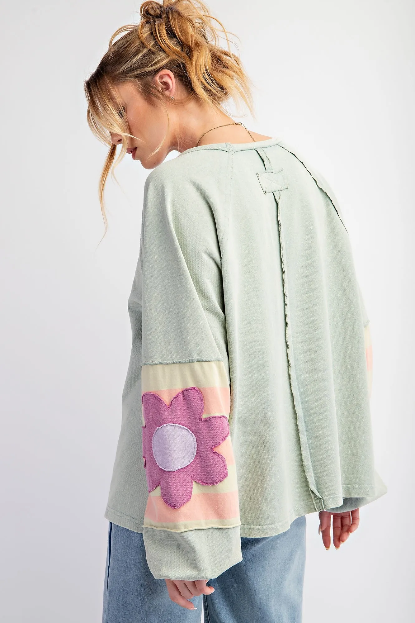 Easel Terry Knit Pullover Top with Flower Patch Details in Sage