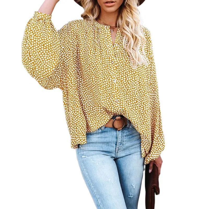 Fashion casual floral long sleeve V-neck loose casual shirt