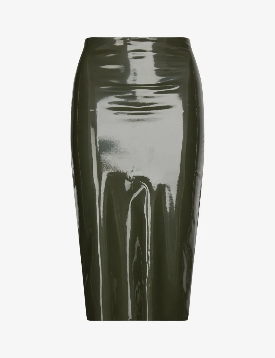 Faux Patent Leather Midi Skirt in Olive