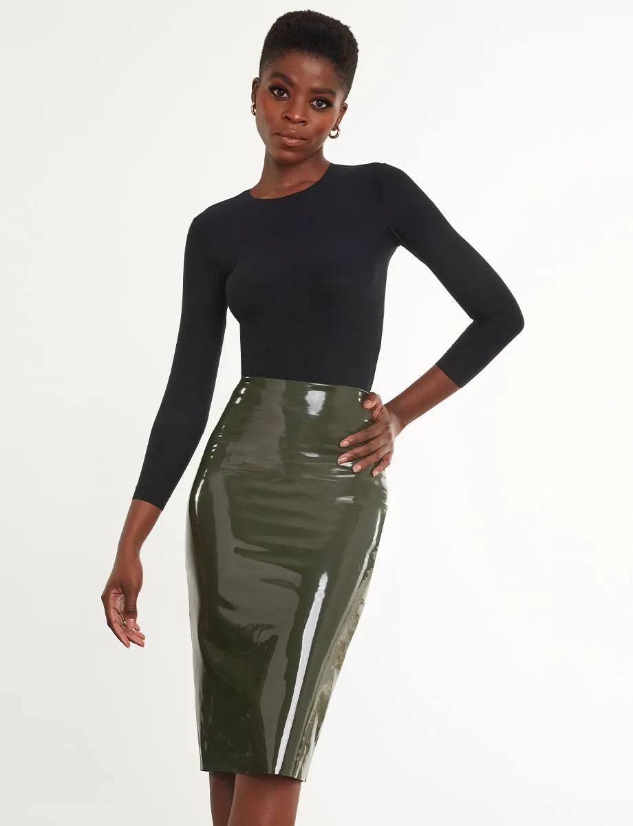 Faux Patent Leather Midi Skirt in Olive