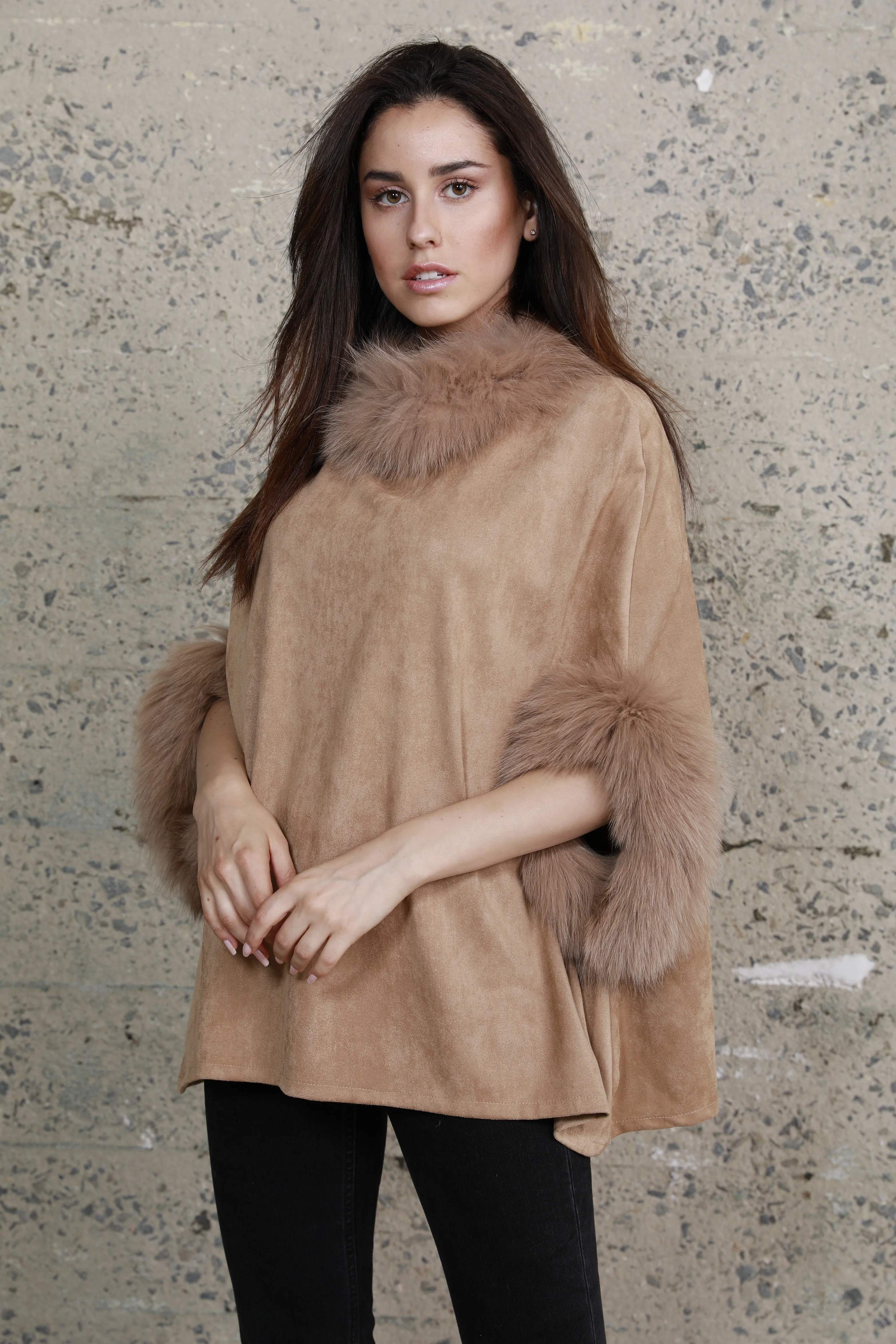 Faux Suede Fur Trimmed Poncho