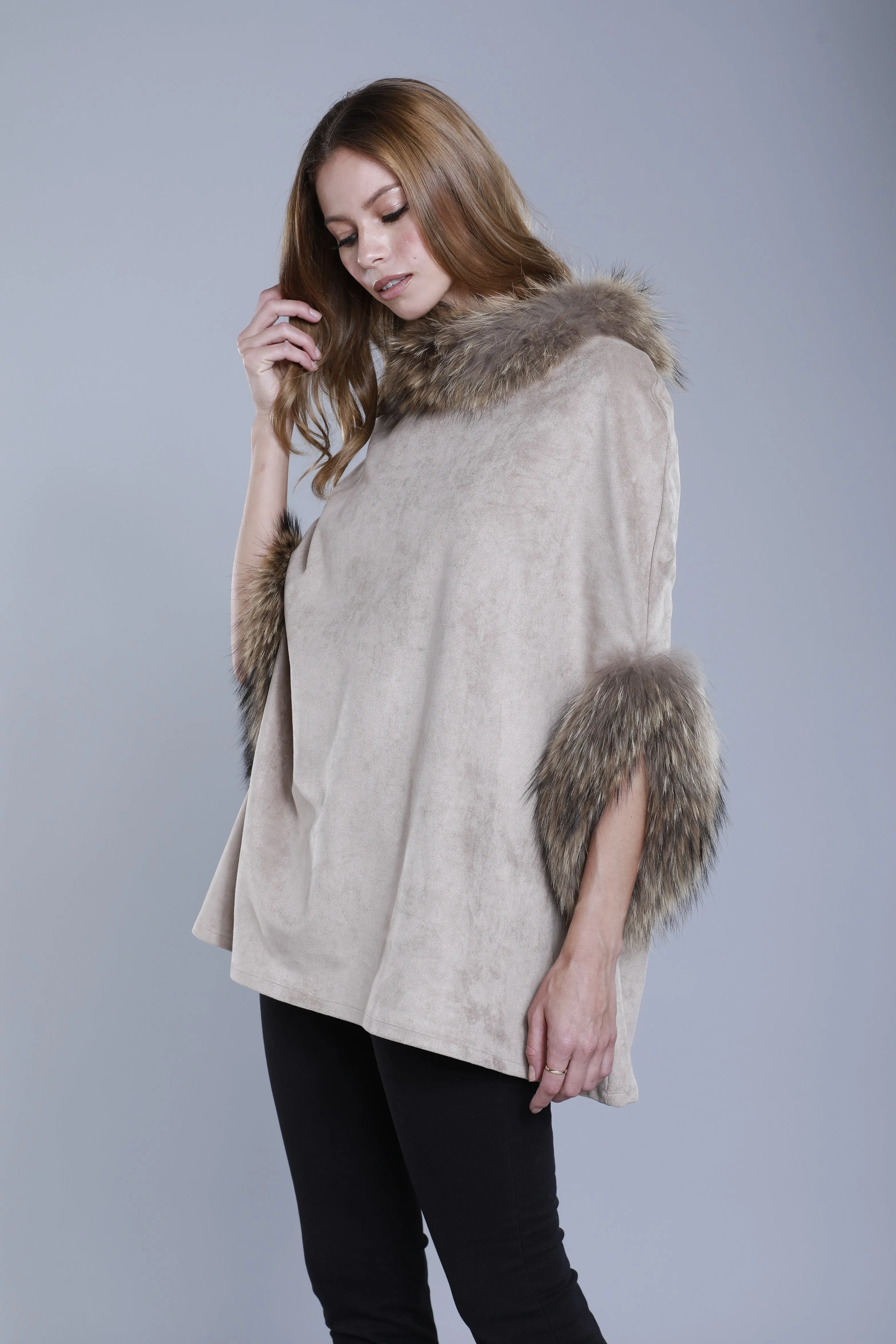 Faux Suede Fur Trimmed Poncho