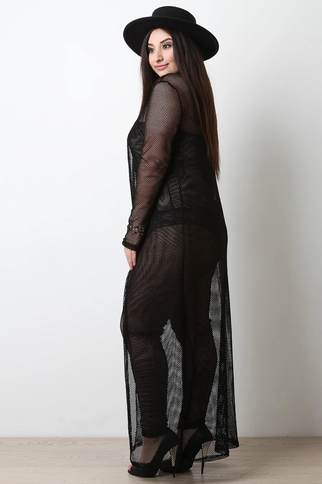 Fishnet Open Mesh Long Line Cardigan