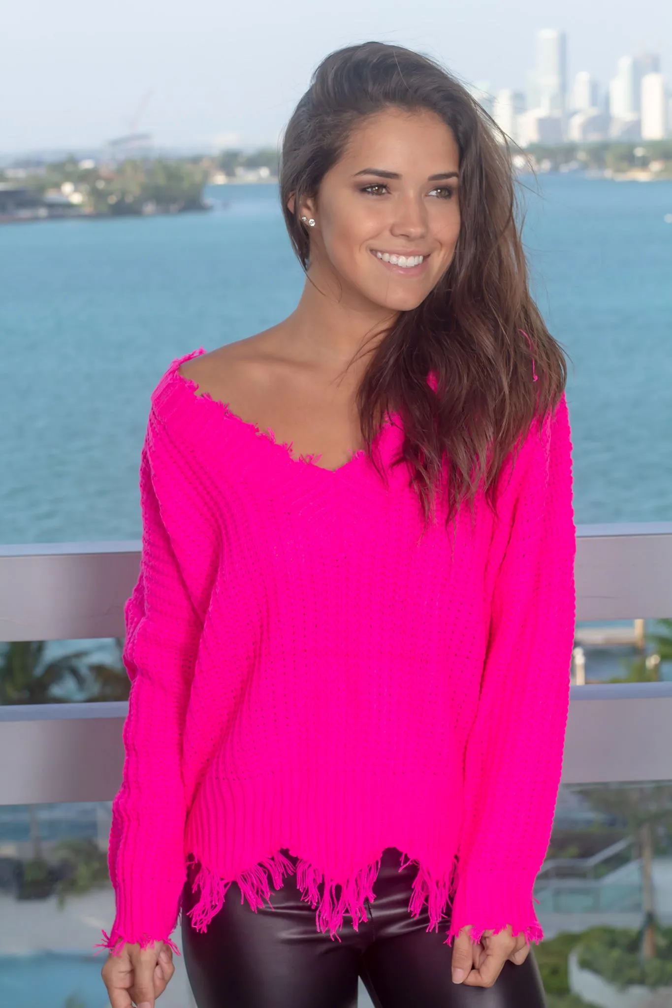 Fuchsia Frayed Sweater