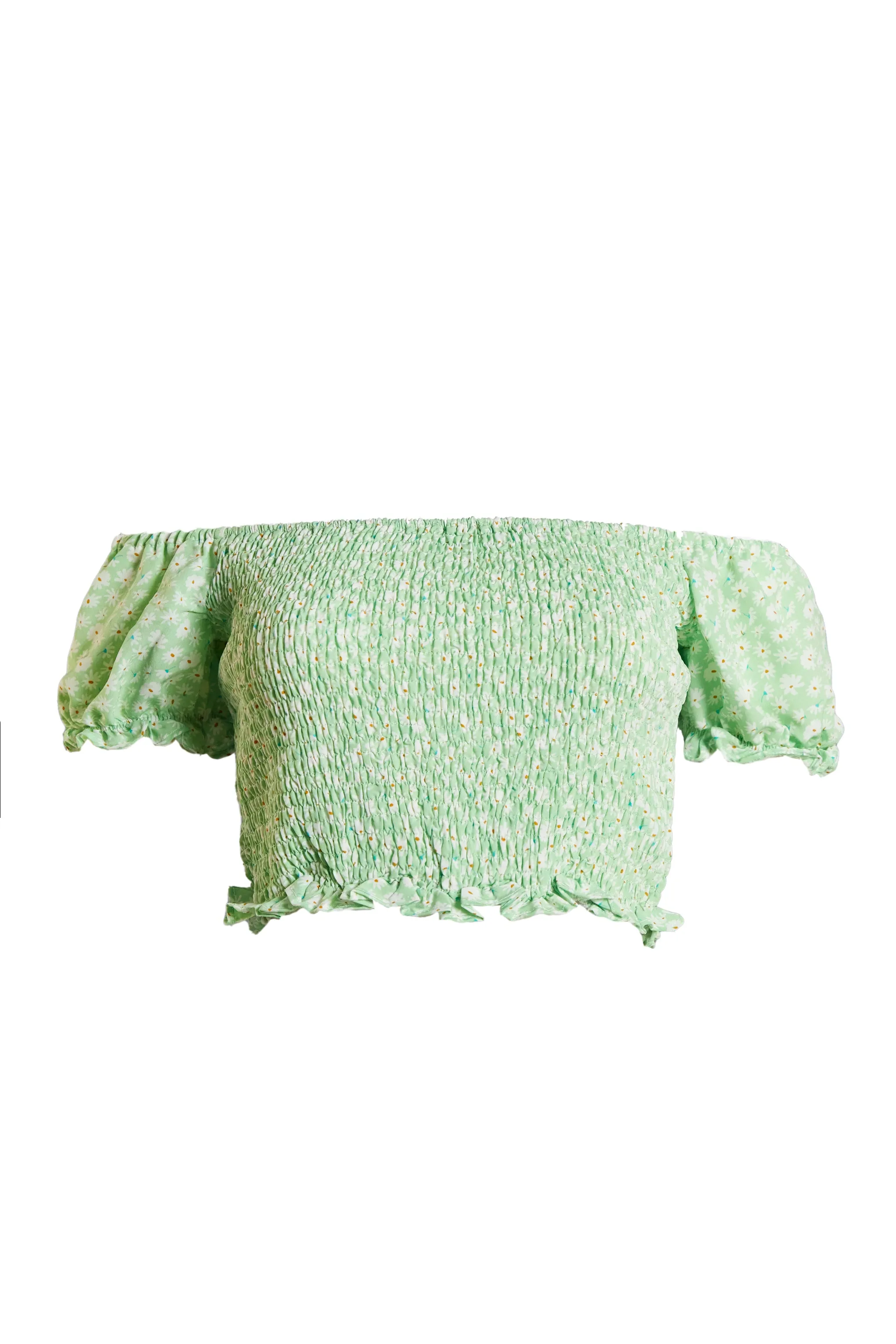 Glamorous Care Smocked Bardot Top with Puff Sleeves