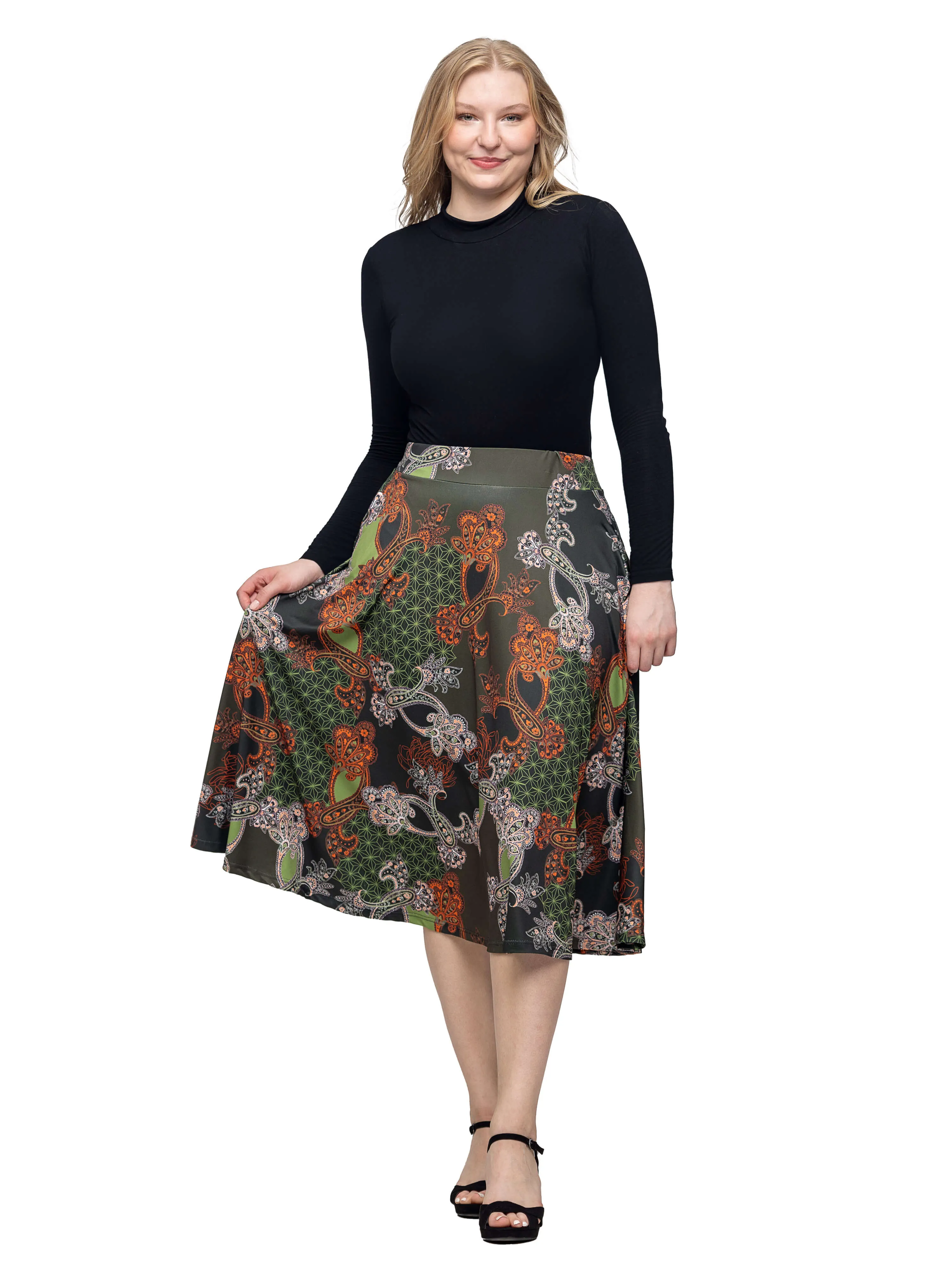 Green Print Elastic Waist Pocket Midi Skirt