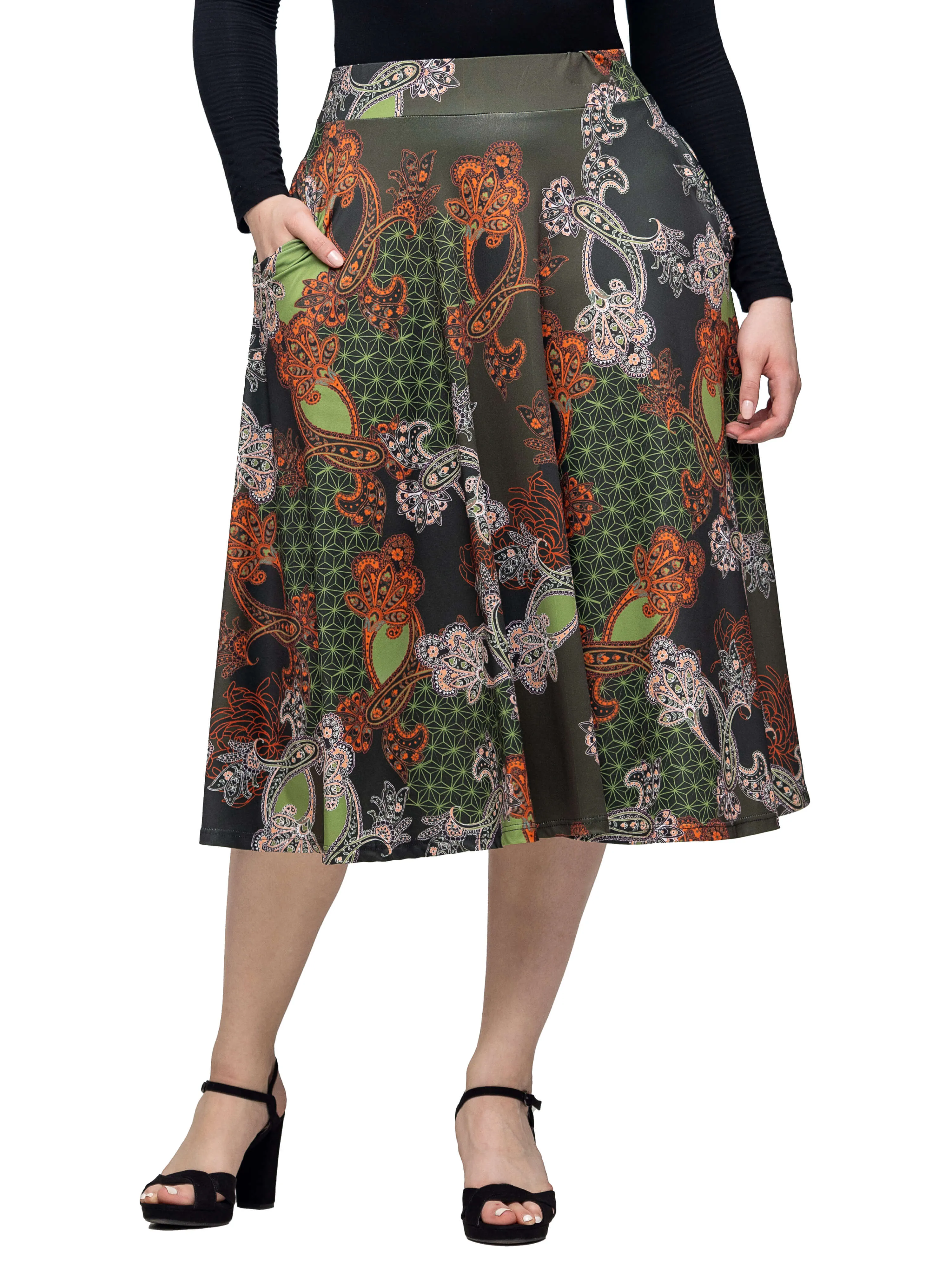 Green Print Elastic Waist Pocket Midi Skirt