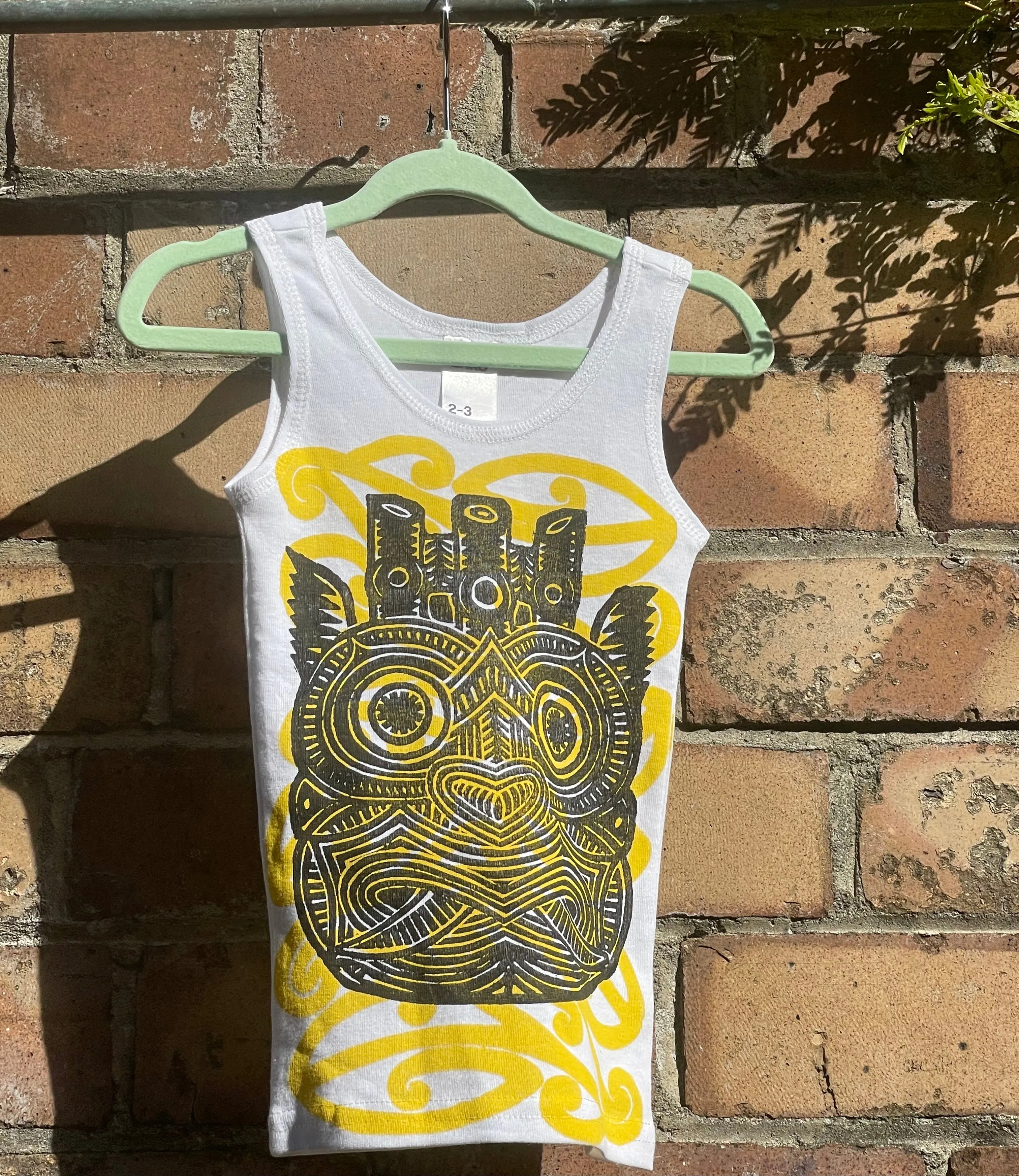 Hand-printed White Singlets (Tamariki) Size 2-3 by Numa Mackenzie