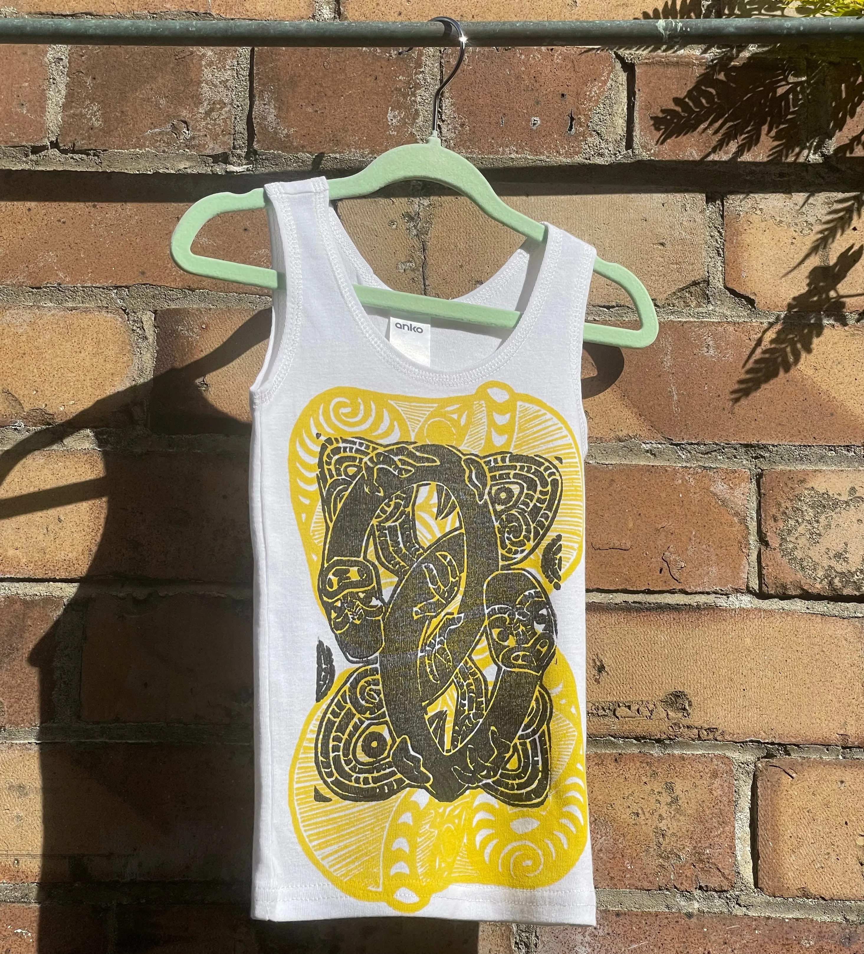 Hand-printed White Singlets (Tamariki) Size 2-3 by Numa Mackenzie