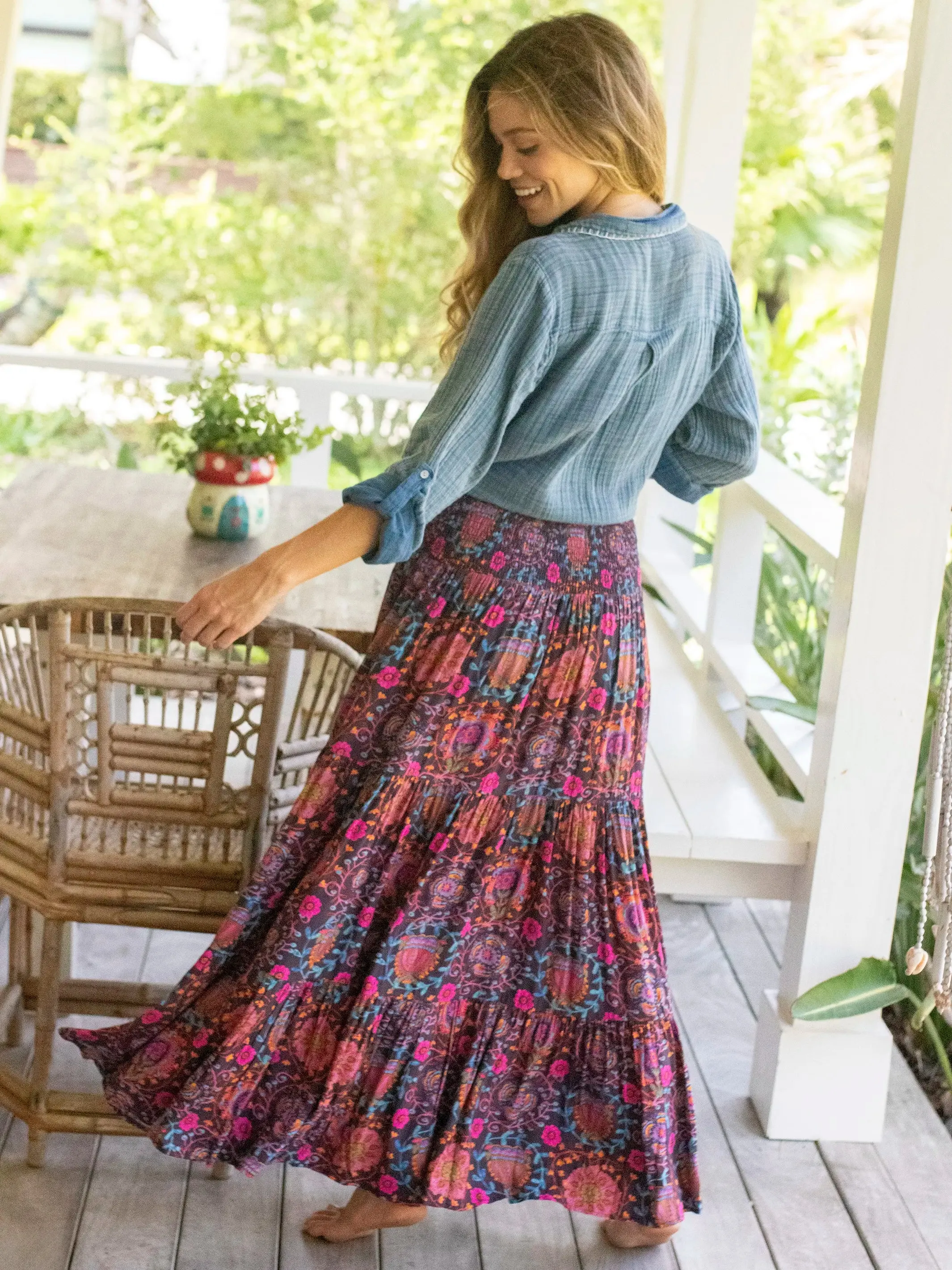 Hanna Convertible Maxi Skirt - Black Printed Folk Circles