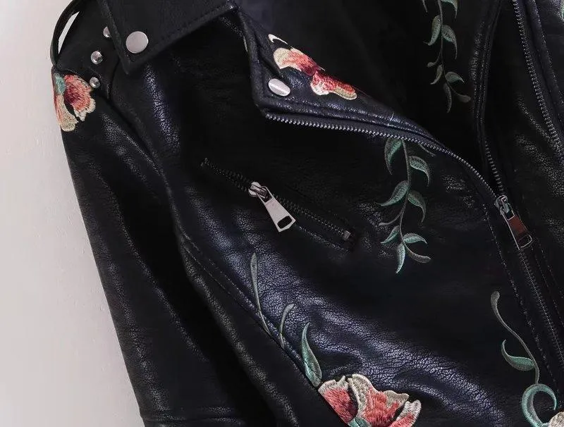 High Street Floral Embroidery Leather Jacket