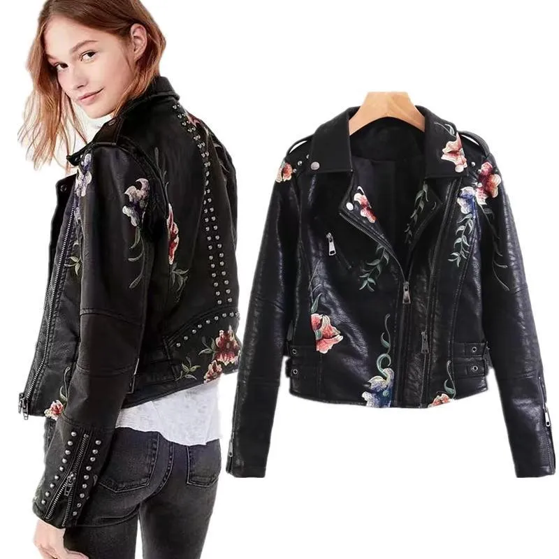 High Street Floral Embroidery Leather Jacket