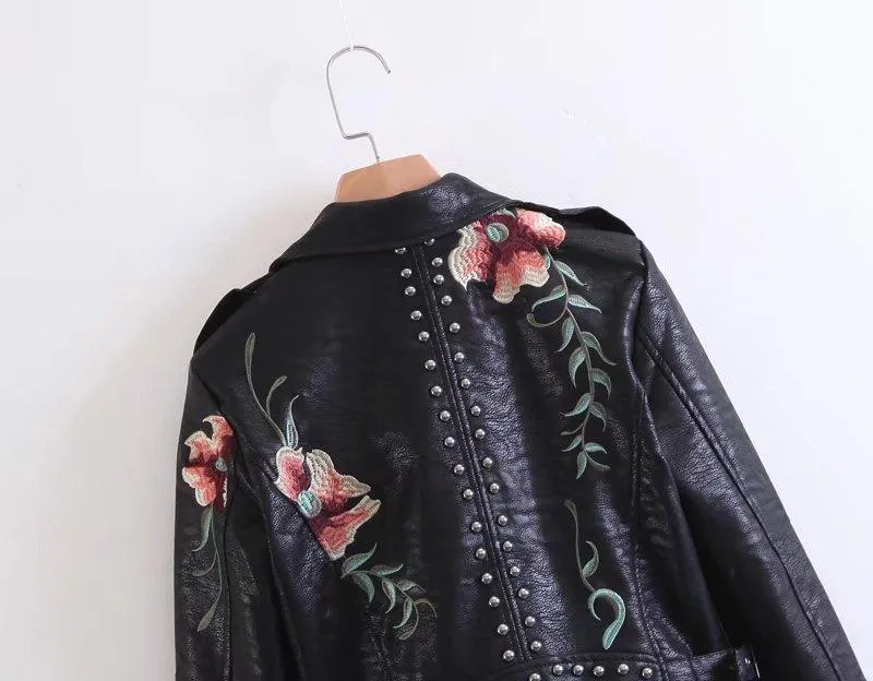 High Street Floral Embroidery Leather Jacket