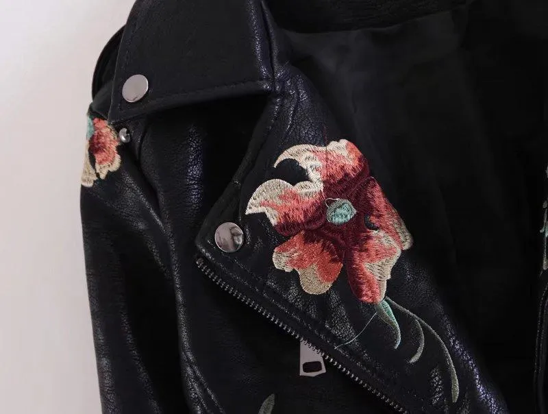 High Street Floral Embroidery Leather Jacket