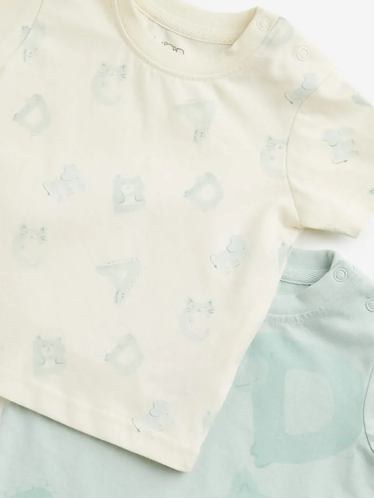 HOP Baby Light Sage Bear Printed T-Shirt - Pack of 2