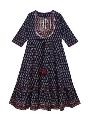 Ishin Girls Navy Blue Embellished Fit & Flare Dress