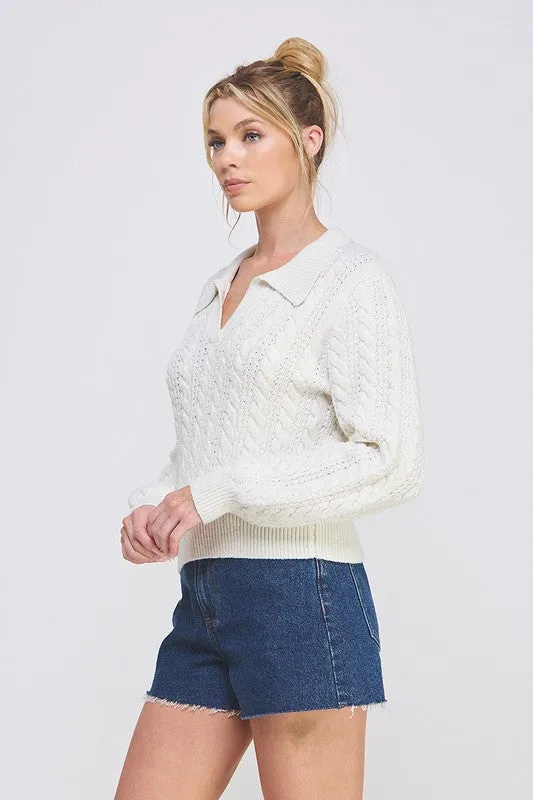 Johnny Collar Cable Knit Pullover