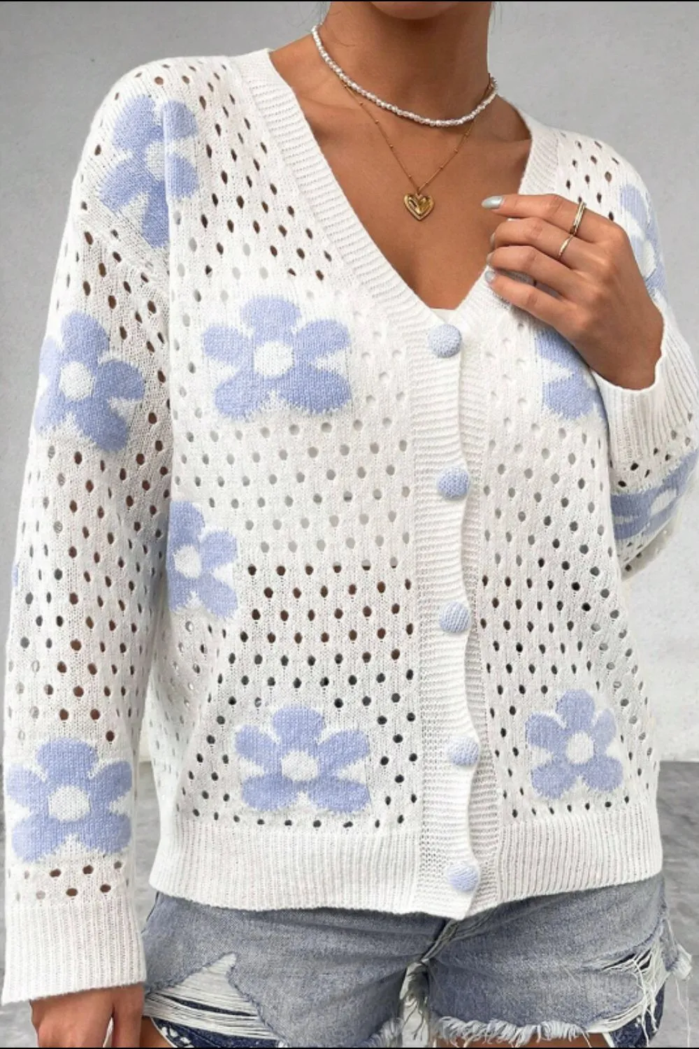 kesley Flower Hollowed Out Button Down Long Sleeve Cardigan