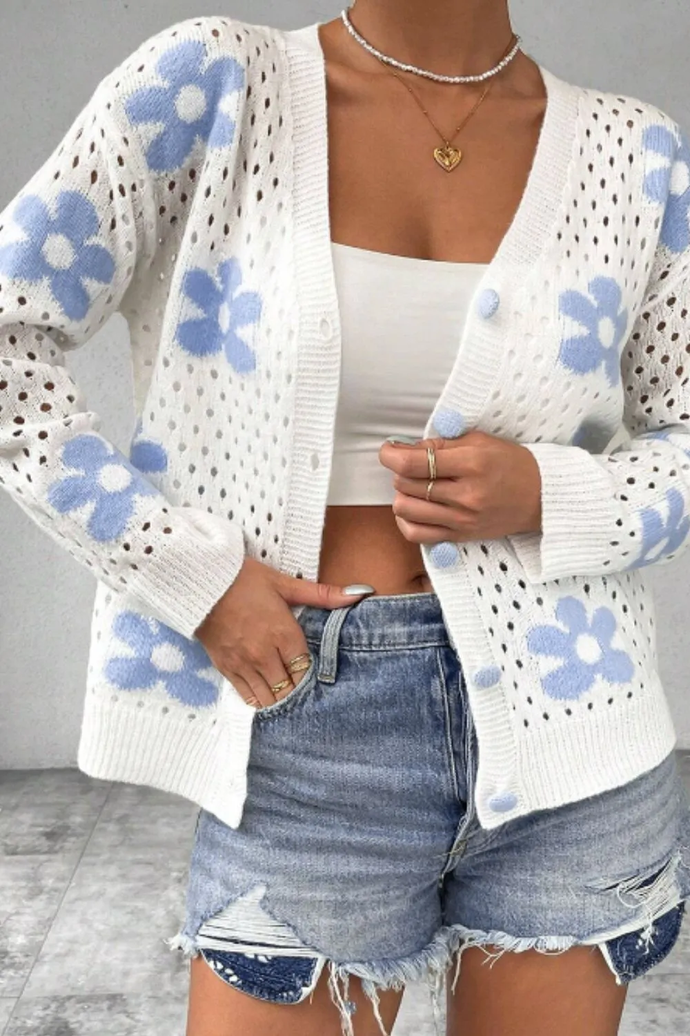 kesley Flower Hollowed Out Button Down Long Sleeve Cardigan