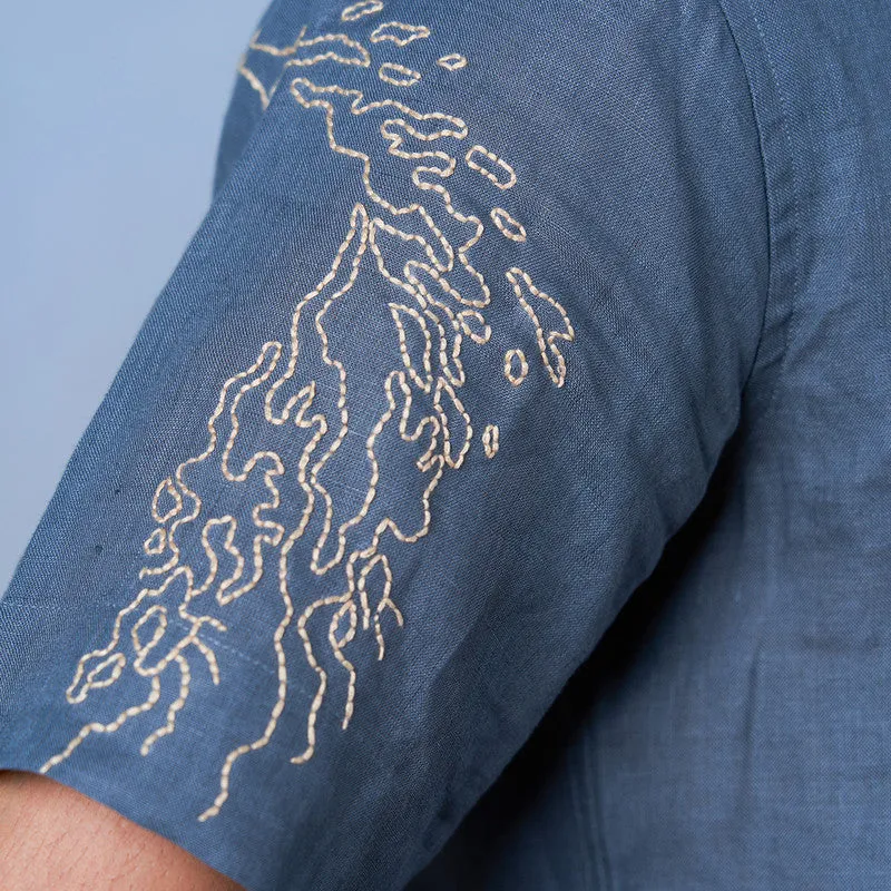 Linen Shirt for Men | Grey | Hand Embroidered